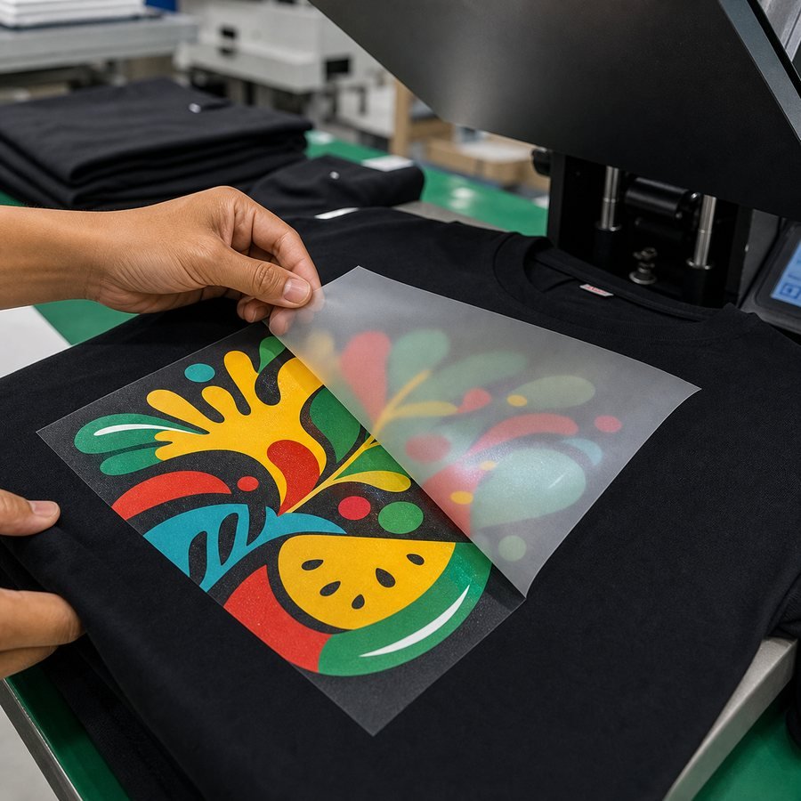DTF heat press transfer on white t-shirt