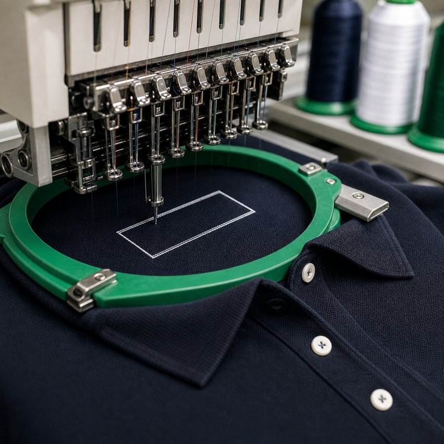 Embroidery machine stitching polo shirt