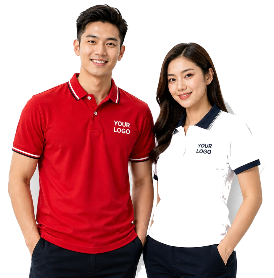 Malaysian corporate uniform models wearing custom polo shirts