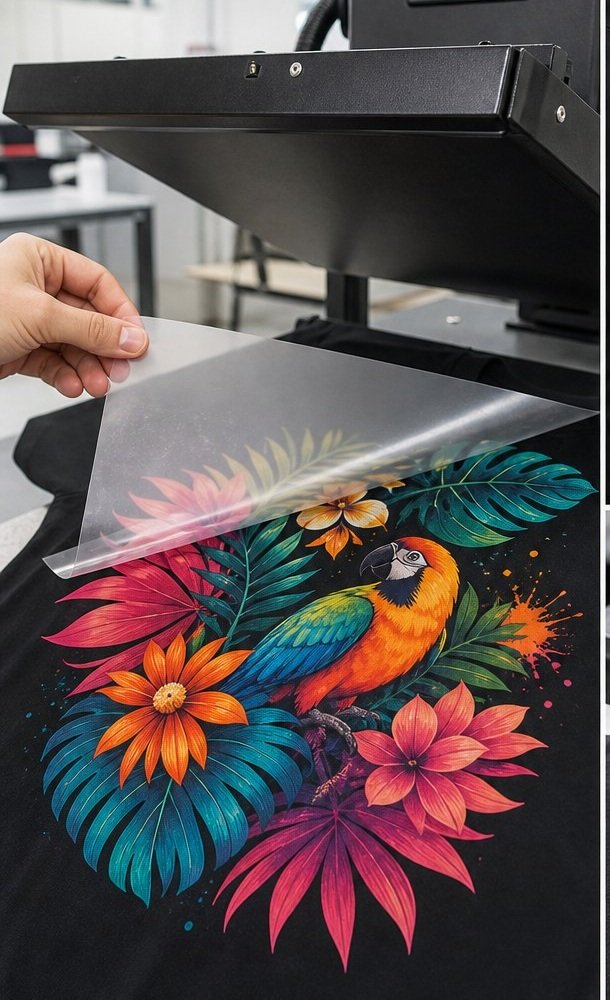 Colourful DTF artwork being heat pressed on a black shirt