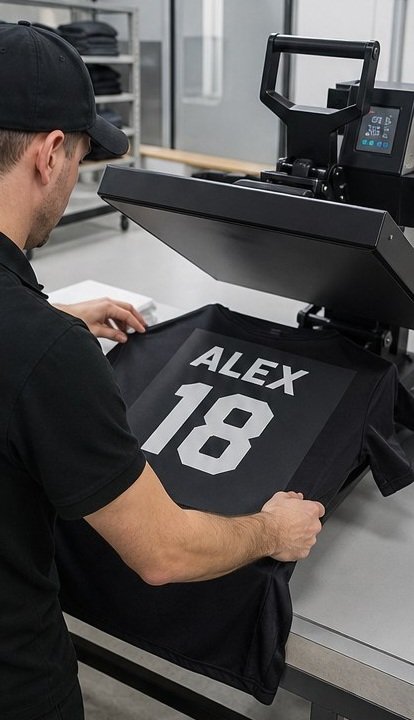 DTF individual name and number being positioned on a shirt