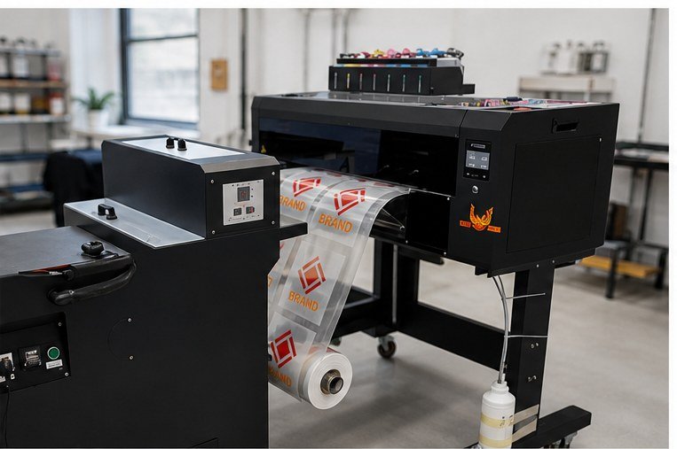 DTF printer outputting artwork on transfer film