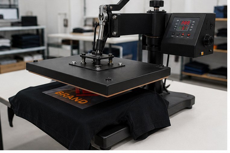 Shirt with DTF logo under heat press machine
