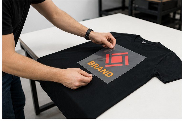 Worker placing printed DTF artwork on shirt