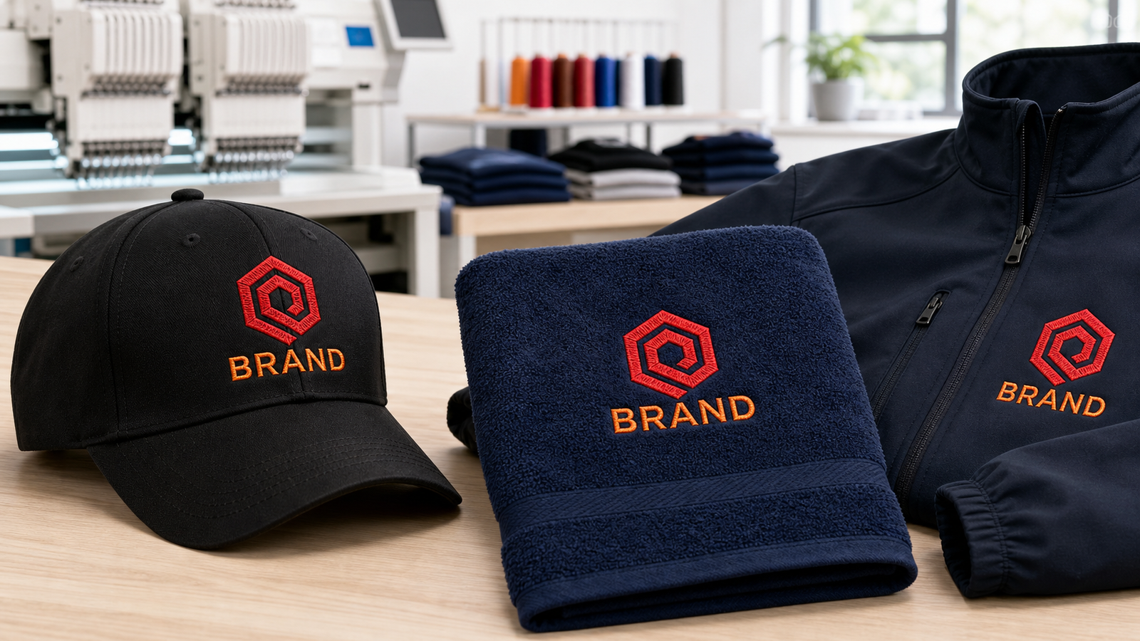 Embroidery examples on cap towel and jacket