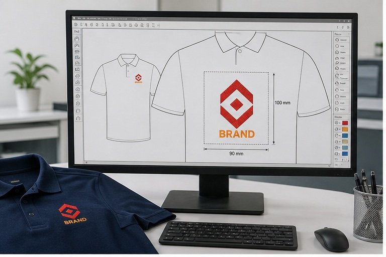 Embroidery artwork setup on computer with placement and size guide
