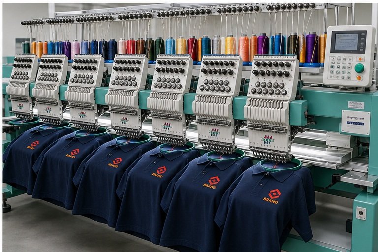 Multi-head embroidery machine stitching polo shirts