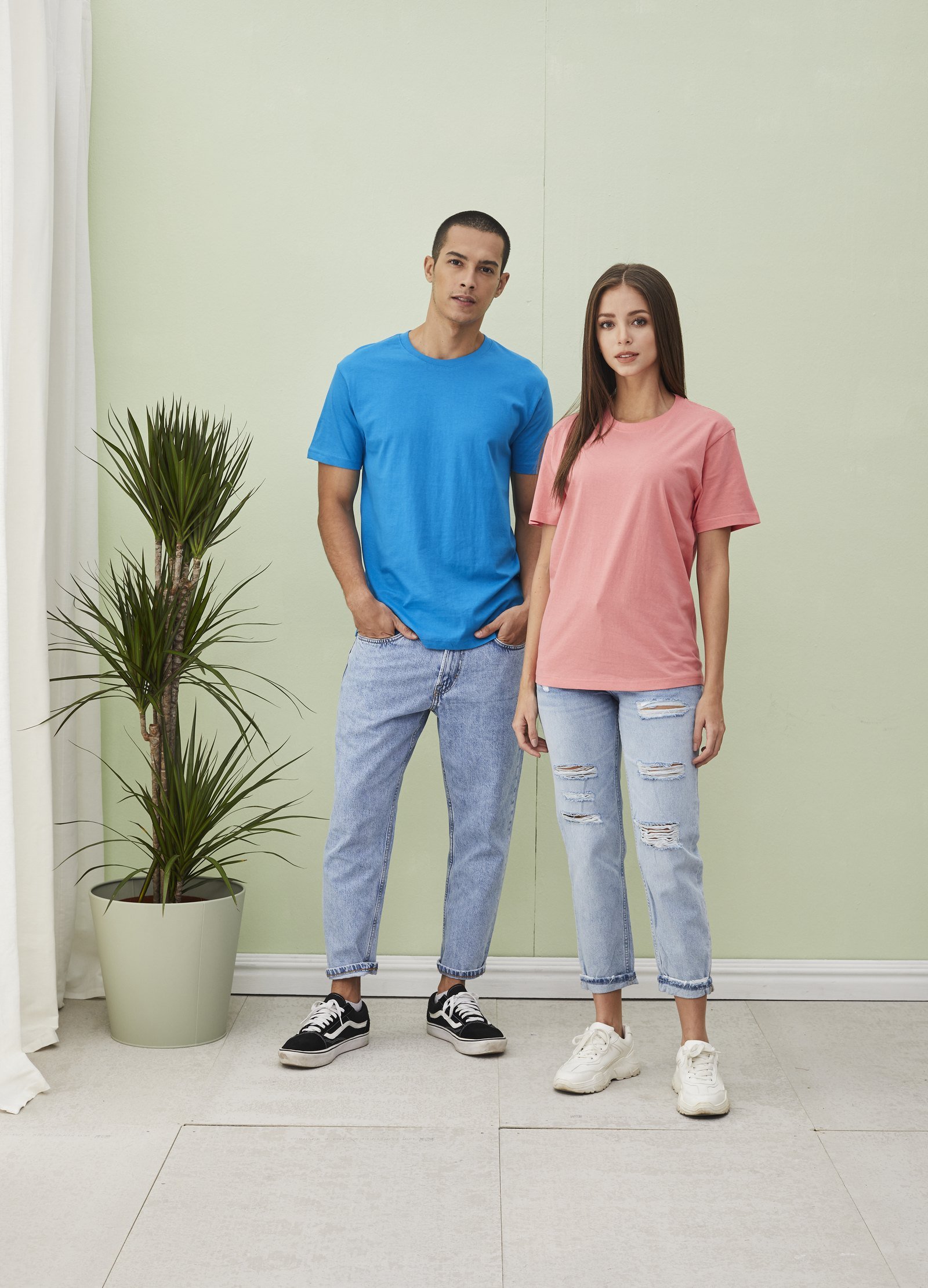 Customers wearing casual roundneck shirts