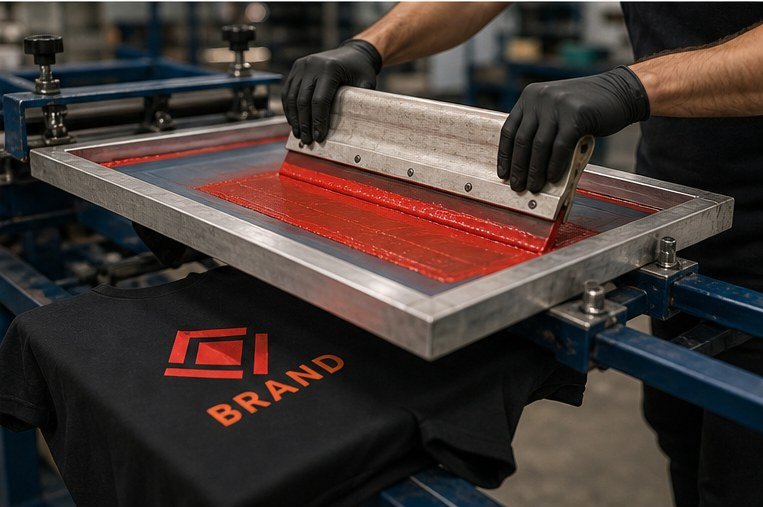 Ink being pulled through a silkscreen stencil onto a shirt