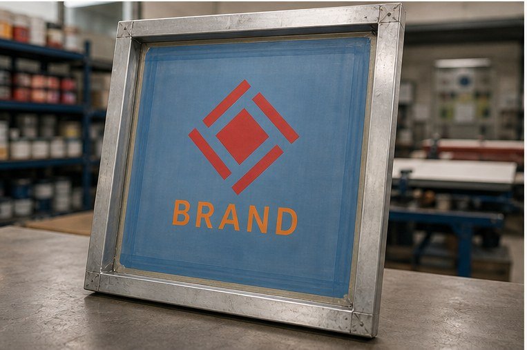 Silkscreen mesh and metal frame with artwork stencil