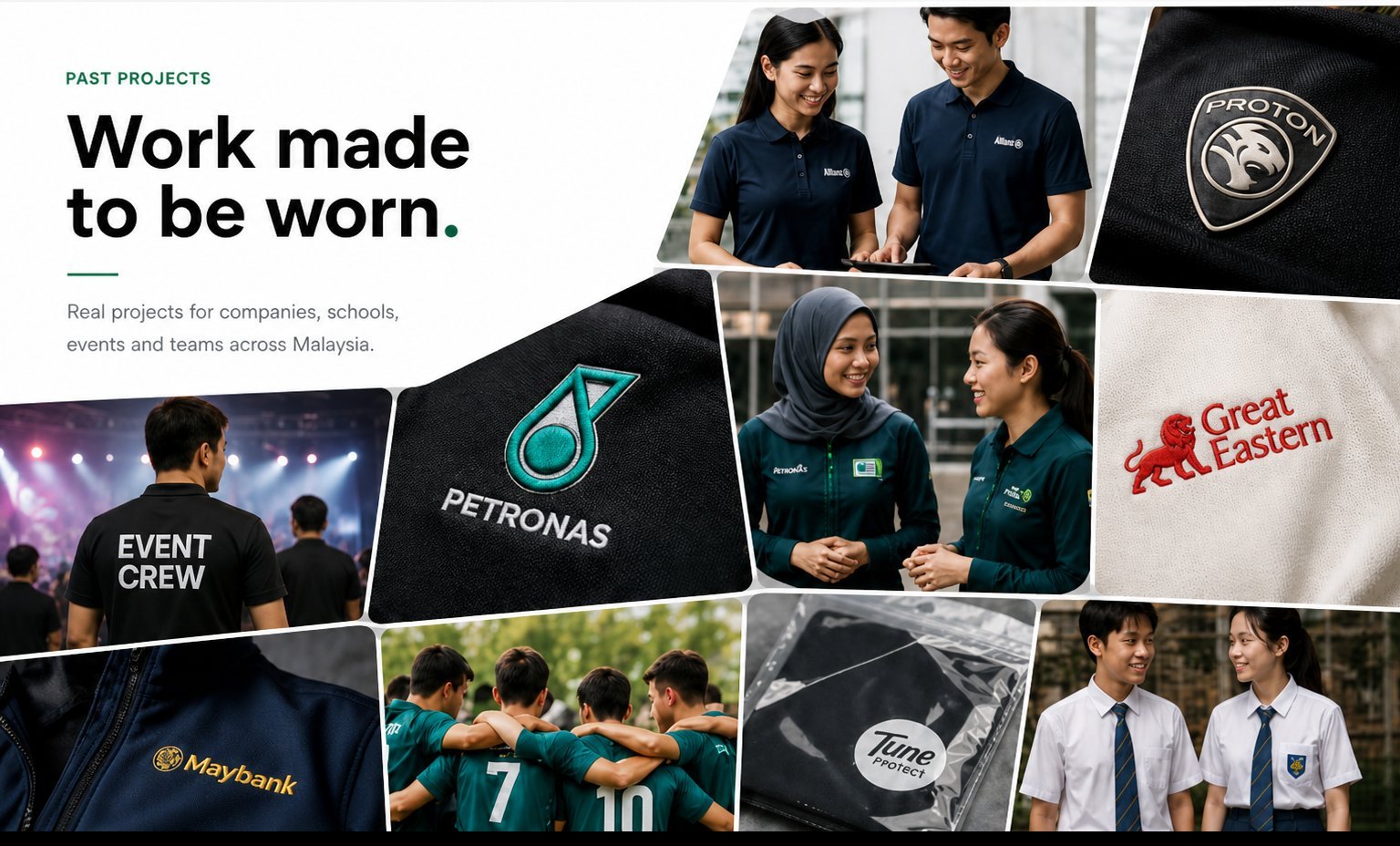 Past Projects — corporate uniforms, event crew apparel, embroidered logos, sports teamwear and school uniforms produced by Print Wear Apparel