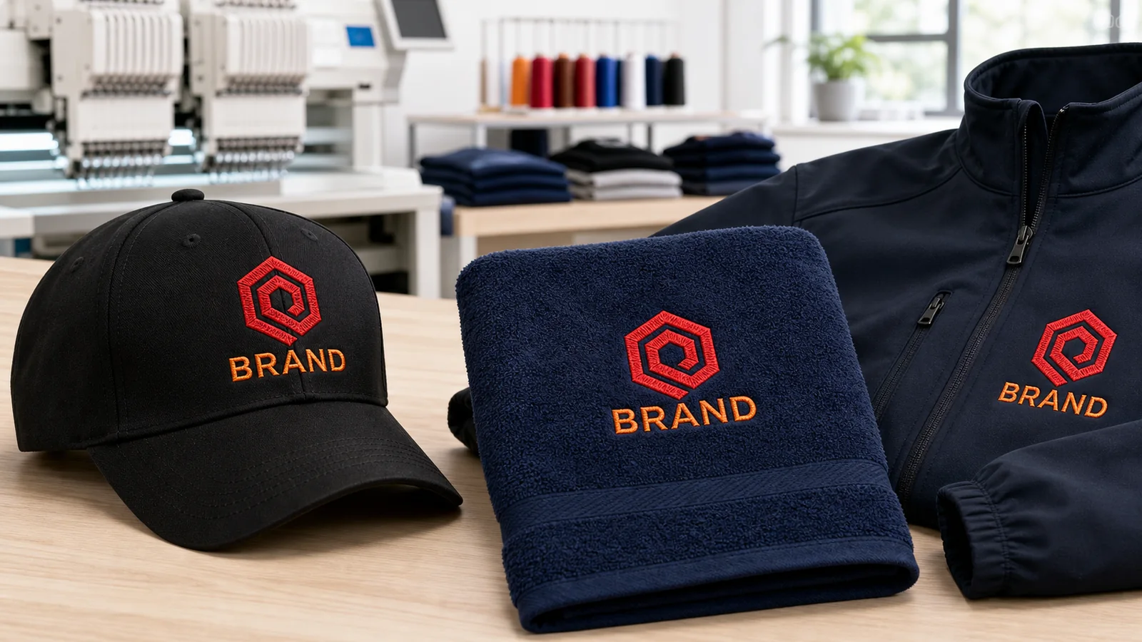 Embroidery examples on cap towel and jacket