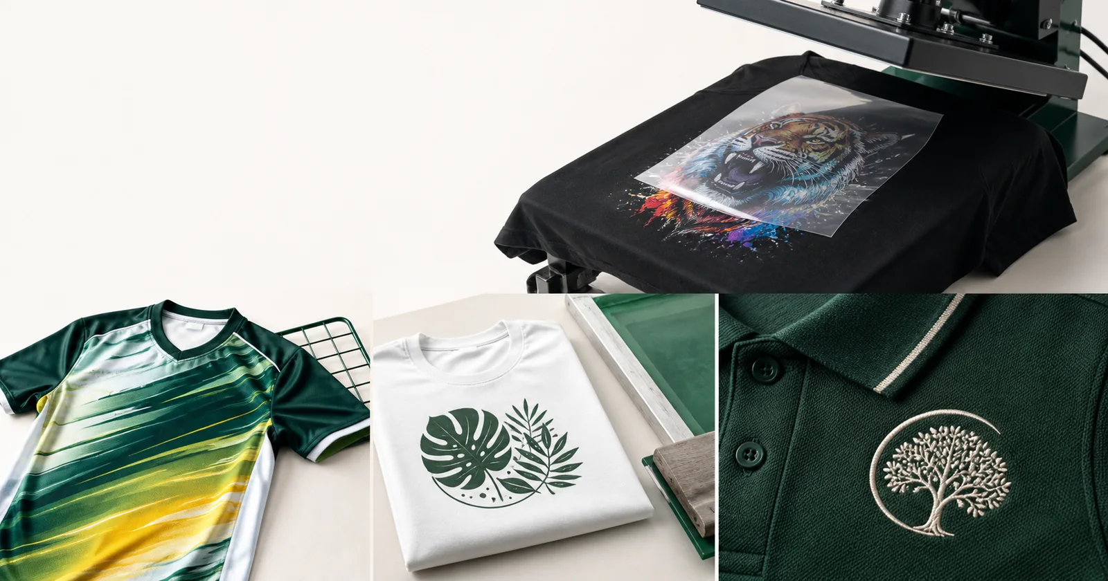 Sublimation, DTF, silkscreen and embroidery printing methods for custom apparel